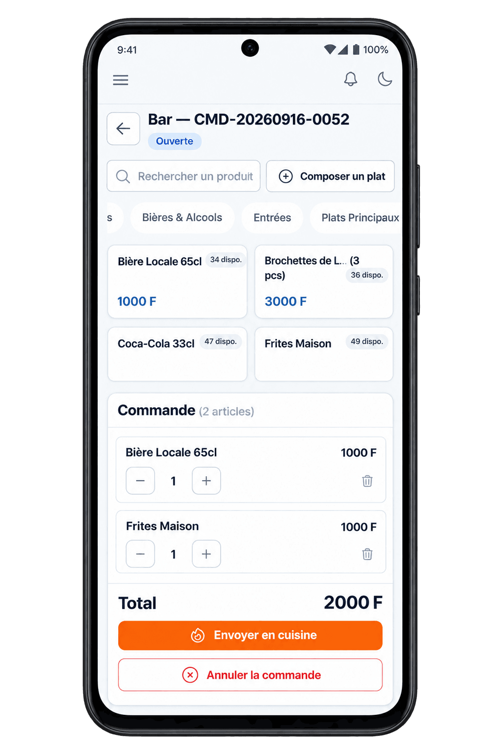 Prise de commande sur l'application mobile Posly